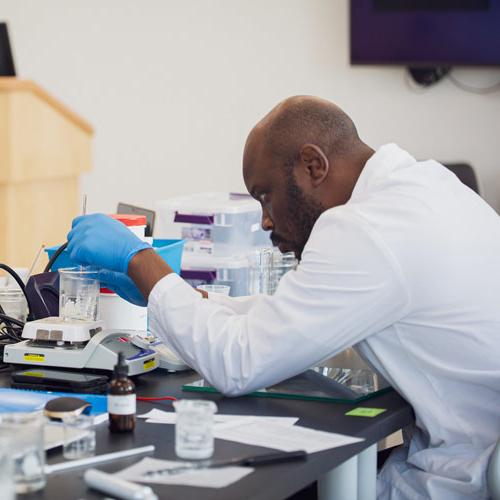 A student is seen in the MU Fort Wayne pharmacy laboratory.